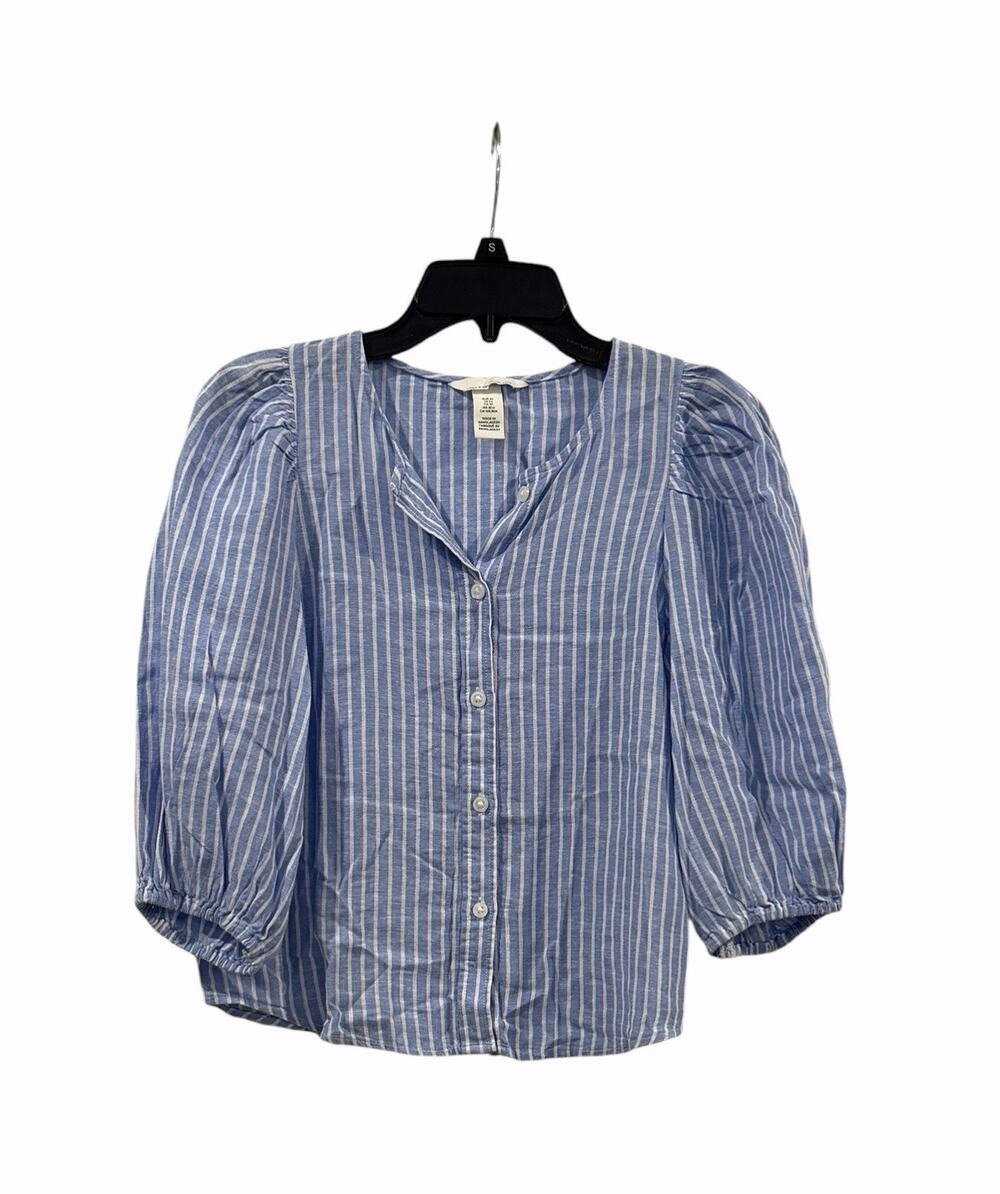 H&M Blue & White Linen Blend Button Down Blouse Size XS Puff Sleeves Coastal